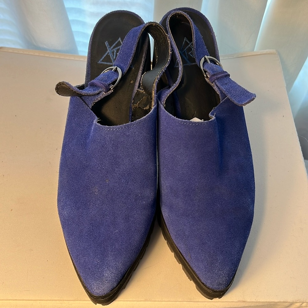 YRU Shoes Women's Wolf Blue Suede Platform Chunky Heel Slingbacks